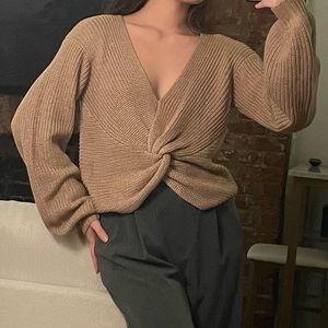 Beige Knit V-neck Sweater